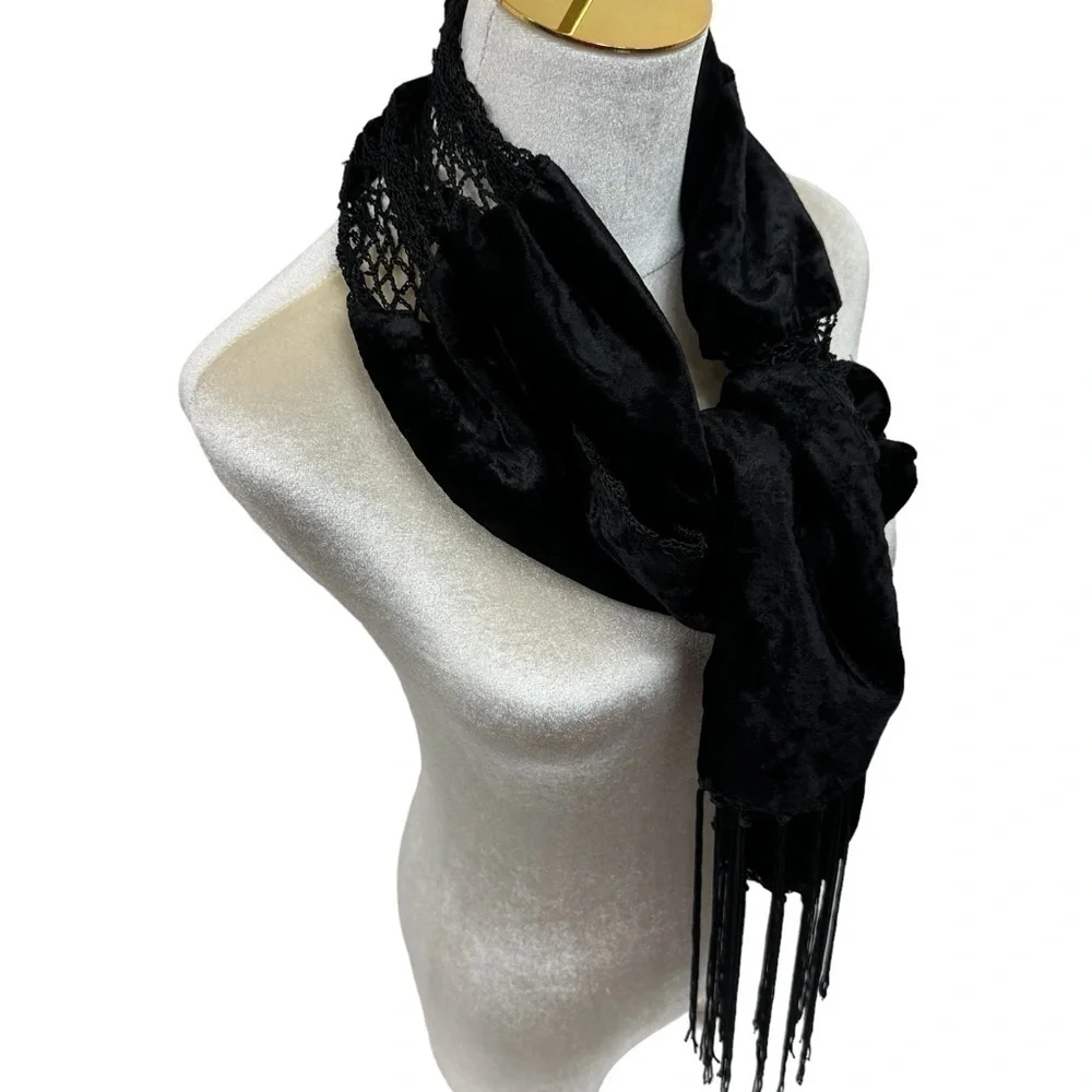 Whimsigoth Black Velvet Lace Fringe Scarf, Vintage Elegance